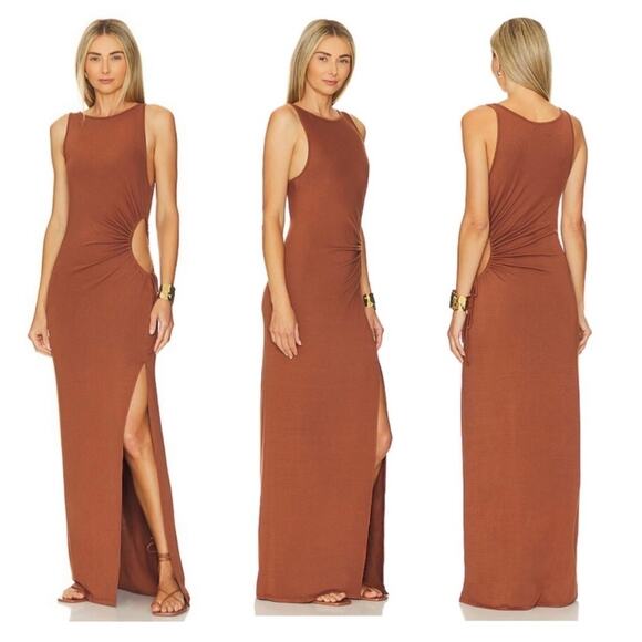 L Space Tiana Maxi Dress Size Large Coffee Tan Cut Out Side Stretch Quiet Luxury - Picture 1 of 13